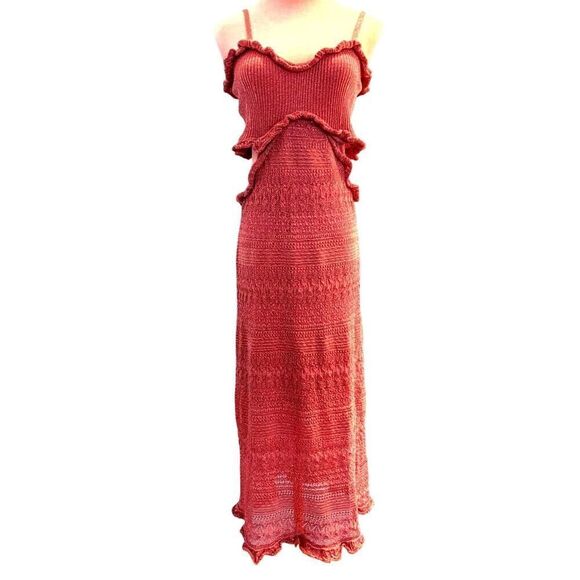 NWT MISA Skye Dress Dusty Rose Pink Metallic Open Waist Crochet Adj Strap L
